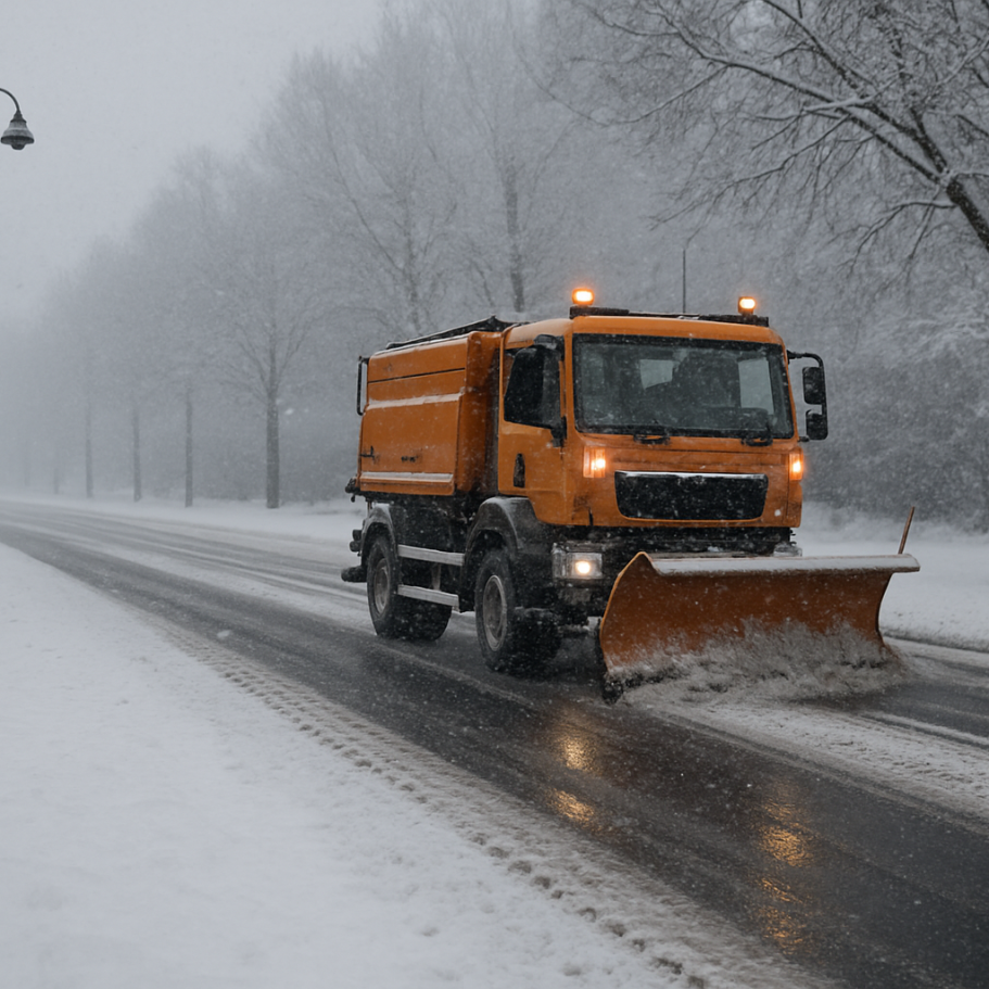 Winterdienst-Fahrzeug räumt verschneite Straße in Berlin bei leichtem Schneefall

