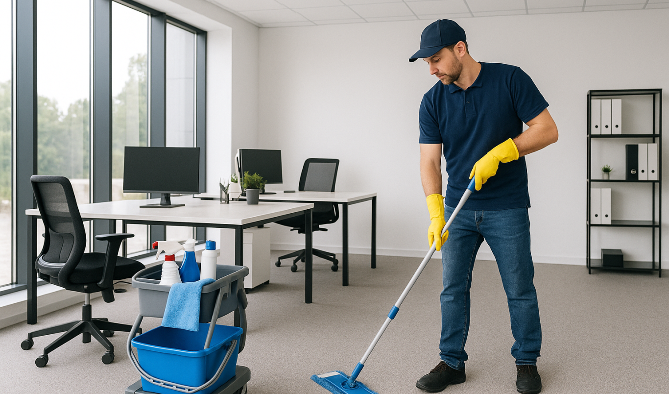 Ein Mann mit gelben Handschuhen reinigt einen Bürobereich mit einem Wischmopp.
Reinigung Gewerbe Berlin