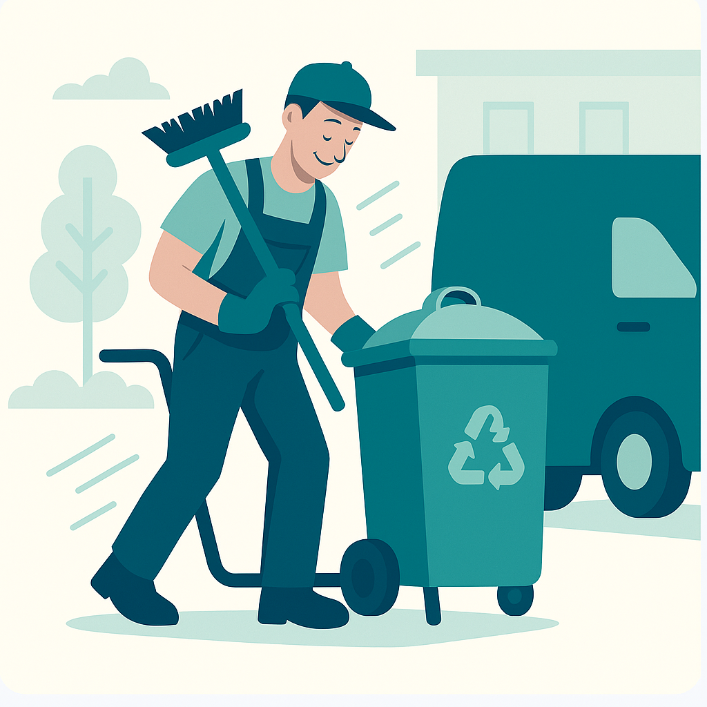 Mann in Arbeitskleidung, der einen Müllwagen mit Recyclingbehälter schiebt.