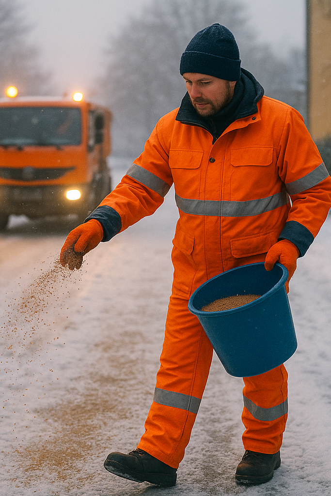 Mann in oranger Arbeitskleidung streut Salz auf eine verschneite Straße.
Winterdienst in Berlin auf der Straße