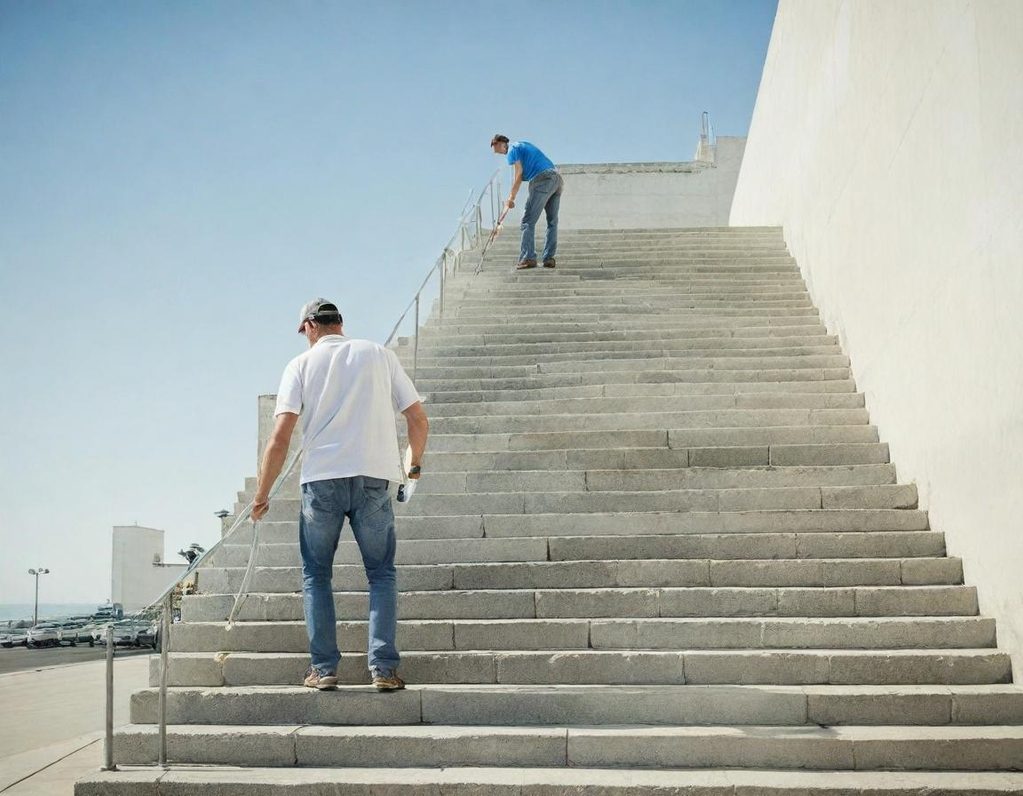 Zwei Arbeiter reinigen eine große Treppe unter klarem Himmel.
Reinigung in Berlin Gewerbe