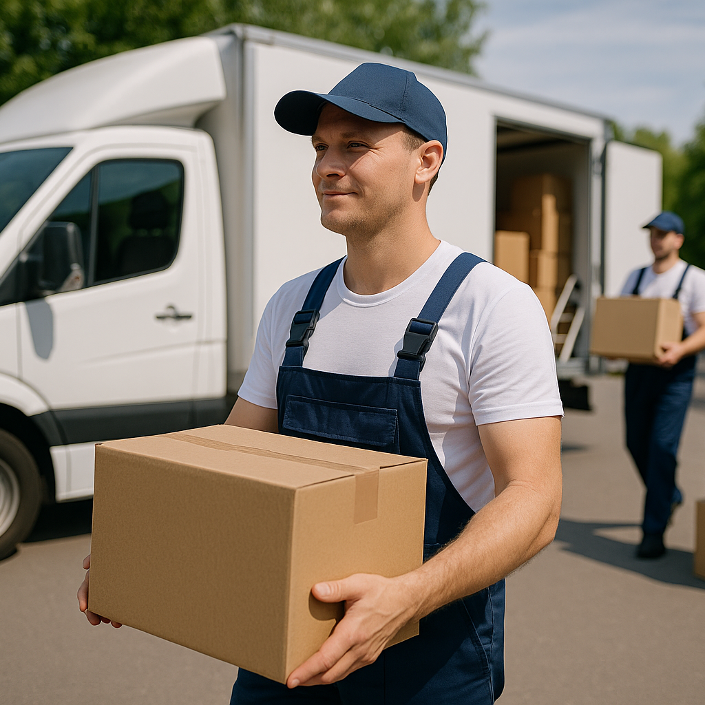 Mann in Latzhose trägt Karton, während ein Lieferwagen im Hintergrund steht.
Transport deutschlandweit