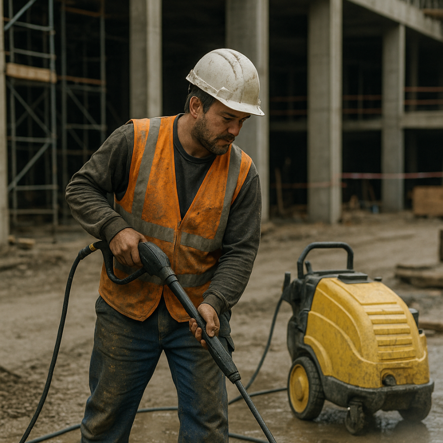 Arbeiter in Warnweste reinigt den Boden mit einem Hochdruckreiniger auf einer Baustelle in Berlin