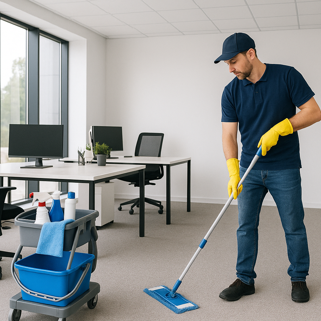 Reinigungsmitarbeiter wischt den Boden in einem modernen Büro mit Putzwagen.
Reinigung Gewerbe Berlin Büro