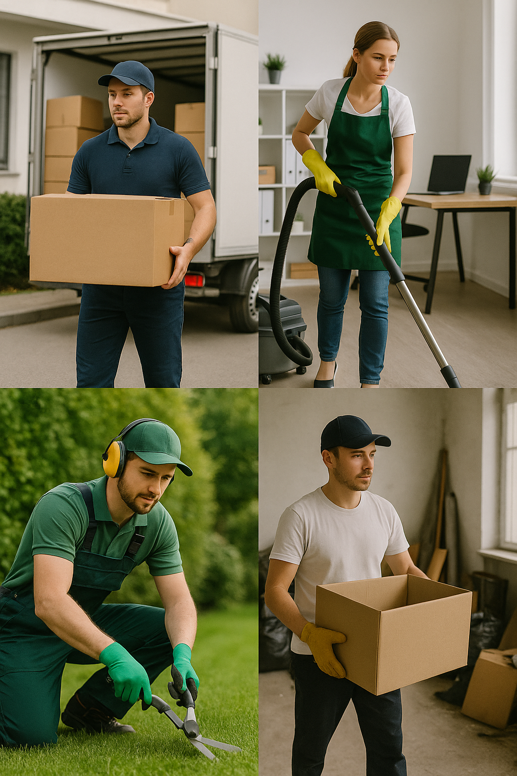 Vielfalt an Arbeitskräften aus Berlin: Umzugshelfer, Reinigungskraft und Landschaftsgestalter mit Kartons.
