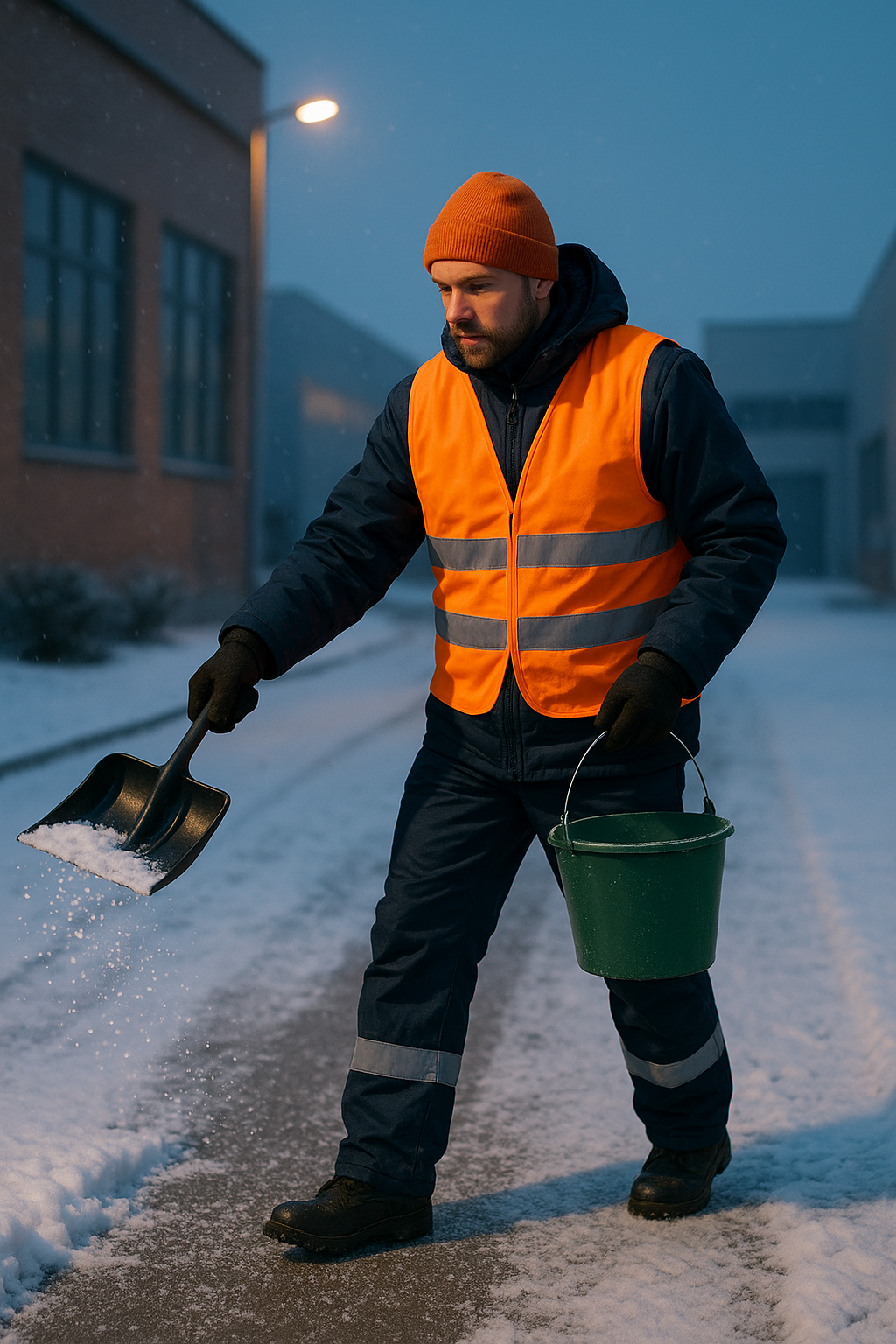 Ein Mann in orangefarbener Warnweste schaufelt Schnee auf einem Gehweg.
Winterdienst in Berlin Gewerbehof