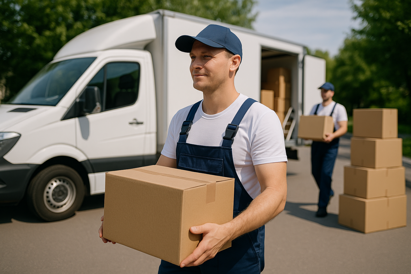 Berliner Lieferteam trägt Kartons am Lieferwagen – schneller Transportservice vor Ort.