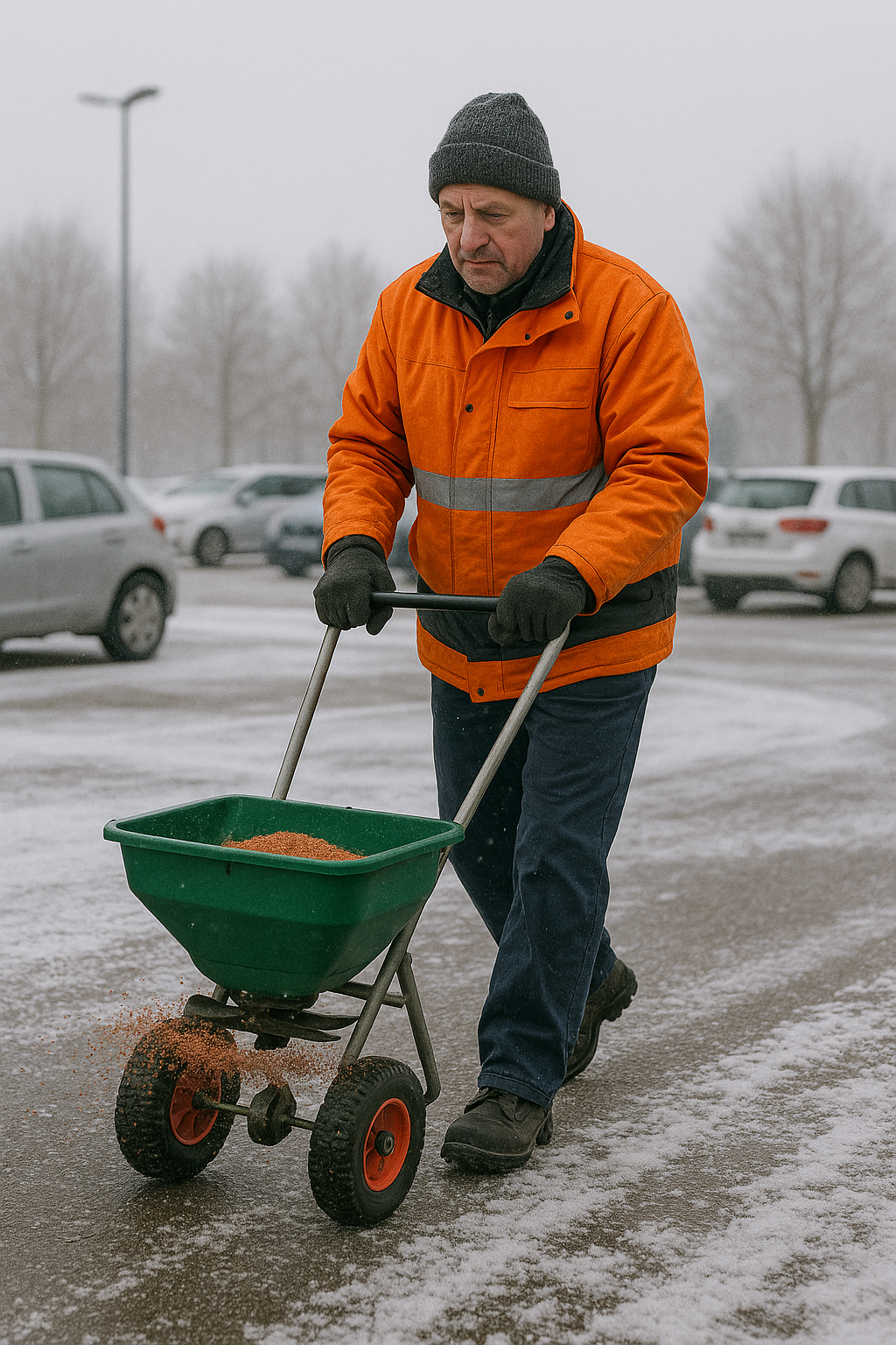 Mann in orangejacke schiebt einen Streuwagen auf einem verschneiten Parkplatz.
Winterdienst in Berlin