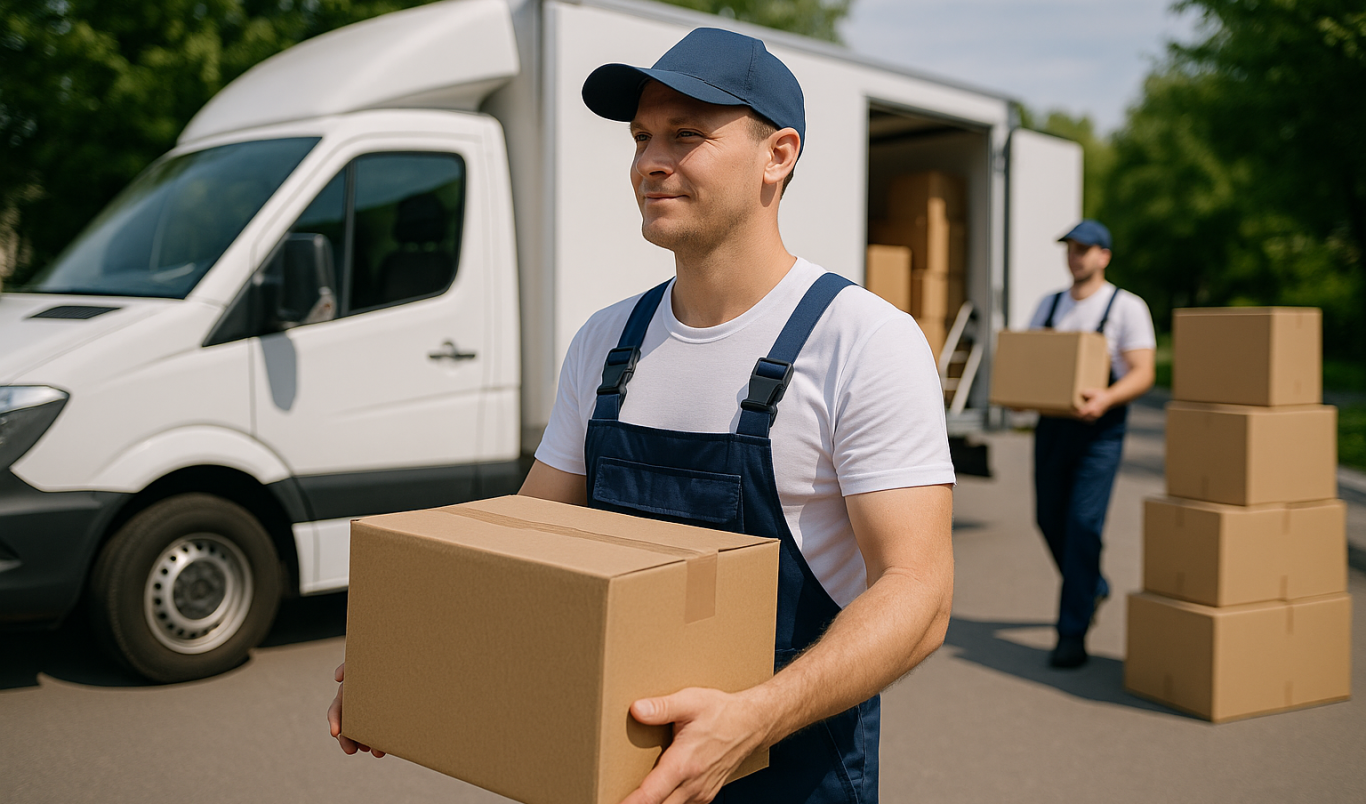Zwei Lieferanten tragen Kartons neben einem Transporter in Berlin oder Brandenburger. Sieht nach einem Transportunternehmen aus
Berlin