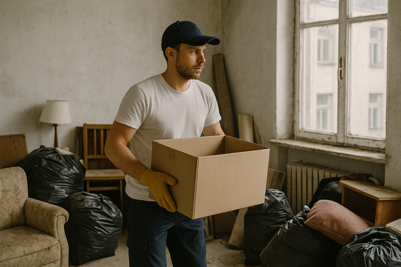 Mann trägt einen Karton in einem unordentlichen Raum mit Müllsäcken.
Transport und ENtrümpelung in Berlin